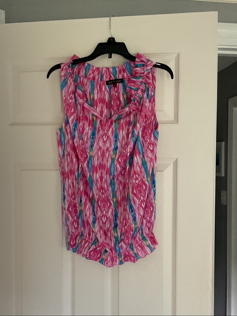 Colorful Sleeveless Top with Blue, Pink, Green and Yellow Acents